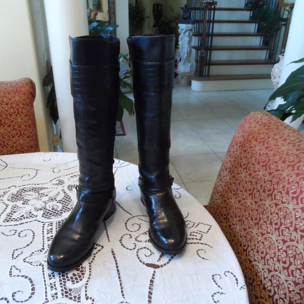 Carolina Herrera Black Calf Leather Rding Boots w/Multi Strap Detail Size 8